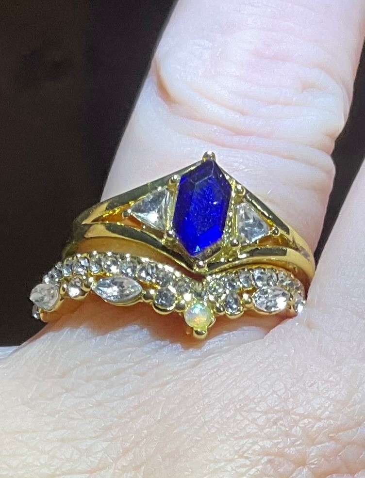 Blue Stone CZ Bridal Ring Set Gold Plated Size 8.75 2pc Engagement FREE GIFT Box