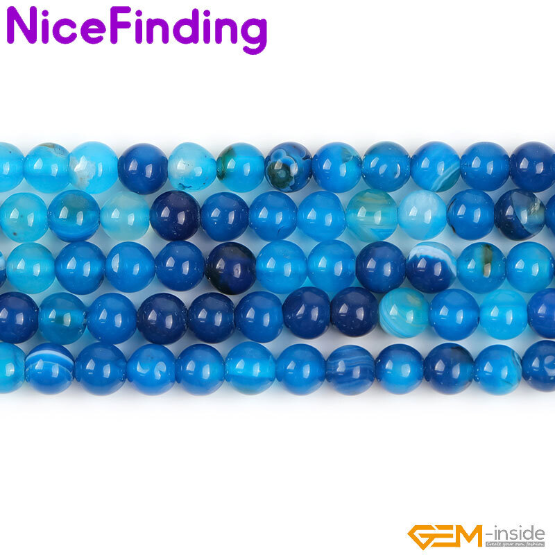 Natural Round Blue Smooth Sardonyx Agate Banded Beads For Jewelry Making 15”