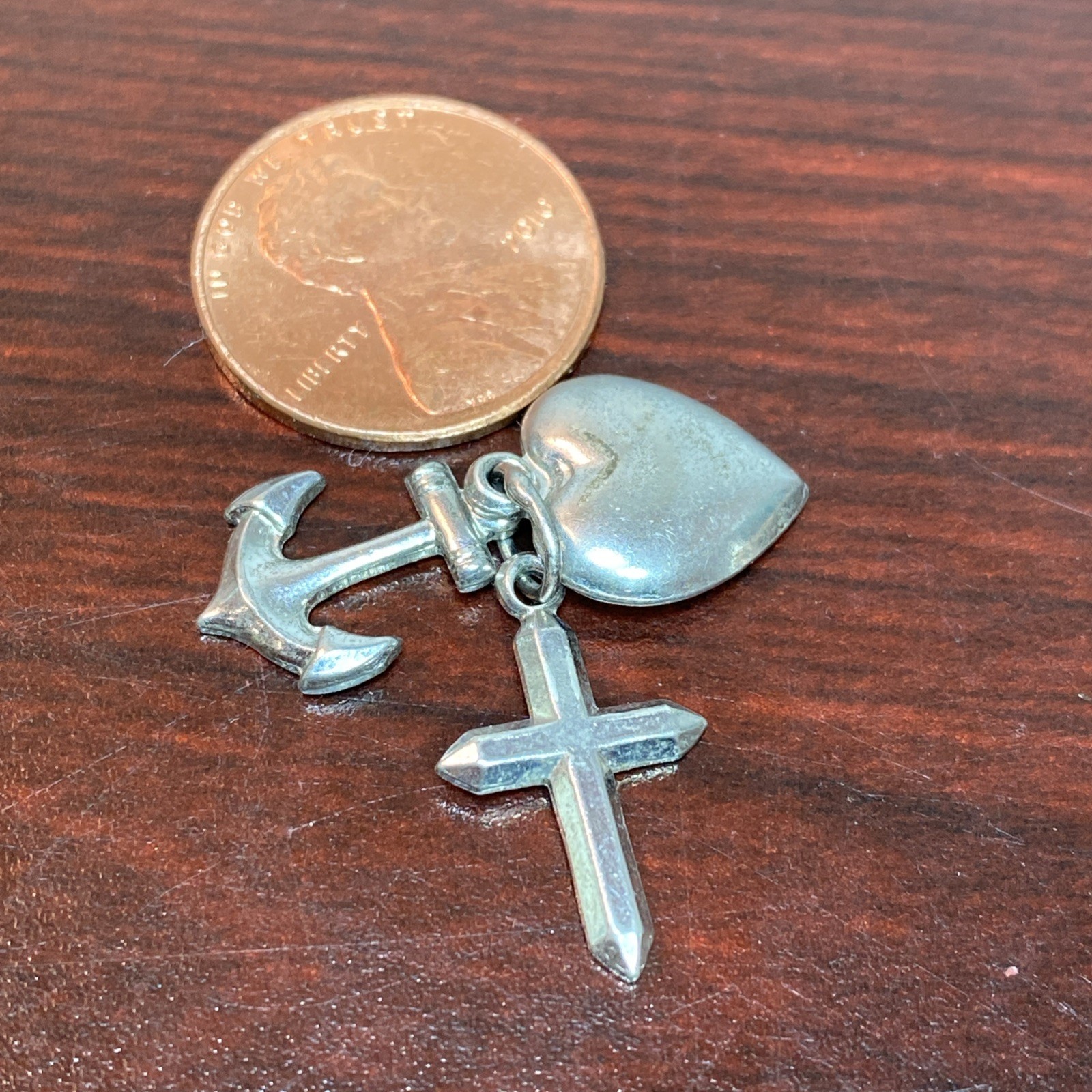 signed TC 925 Sterling Silver Vtg 3 Virtues Anchor Heart Cross Charm Pendant