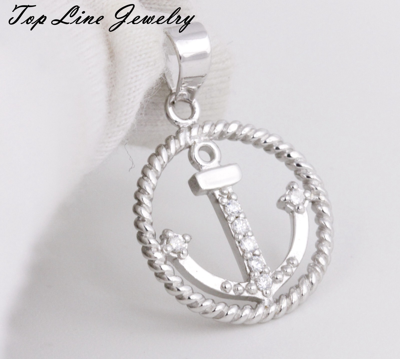 Women Men Solid 925 Sterling Silver 17mm CZ Nautical Navy Anchor Circle Pendant