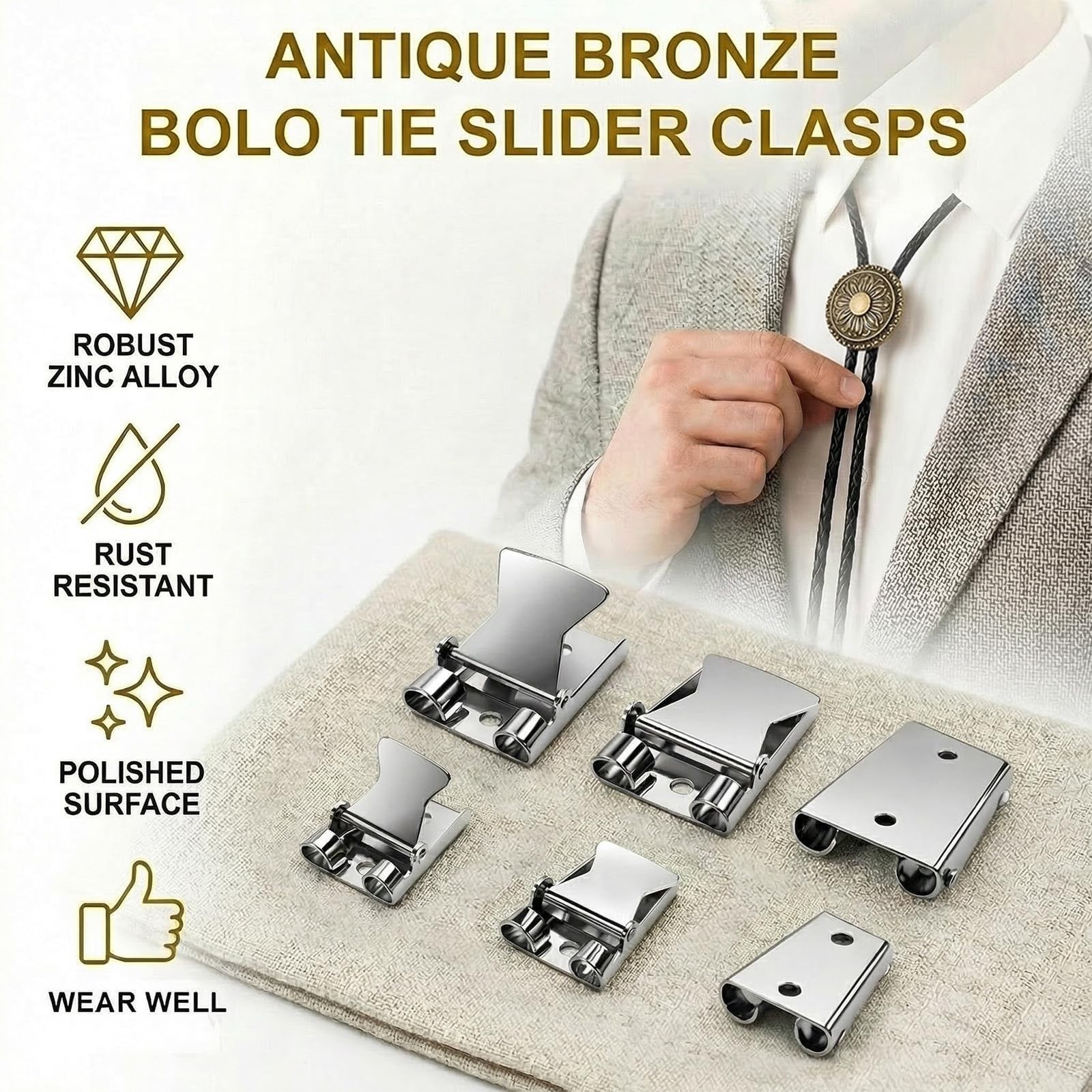 6 Pcs Silver Bolo Tie Findings Set, 2 Sizes Slider Clasps, and Bronze