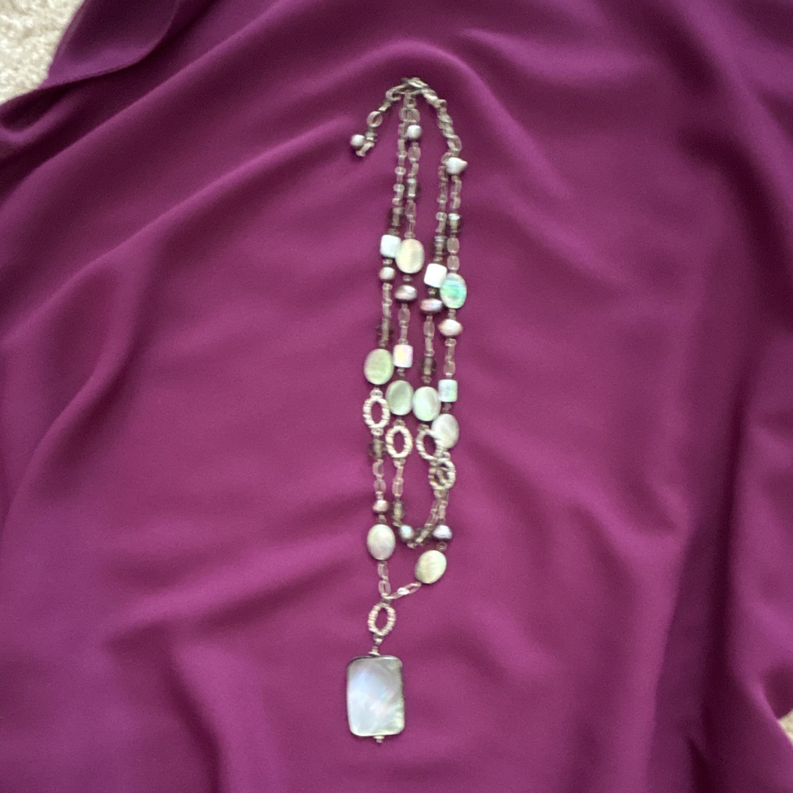 Multi-Strand Layered Glass Beaded Necklace, Silver Tone, Purple Charm Pendant