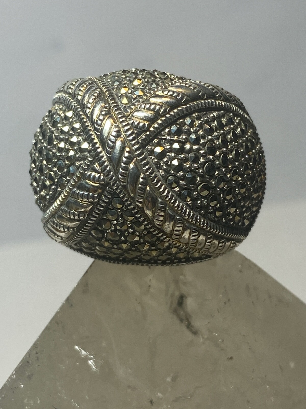 Marcasite ring Dome band wide band sterling silver women