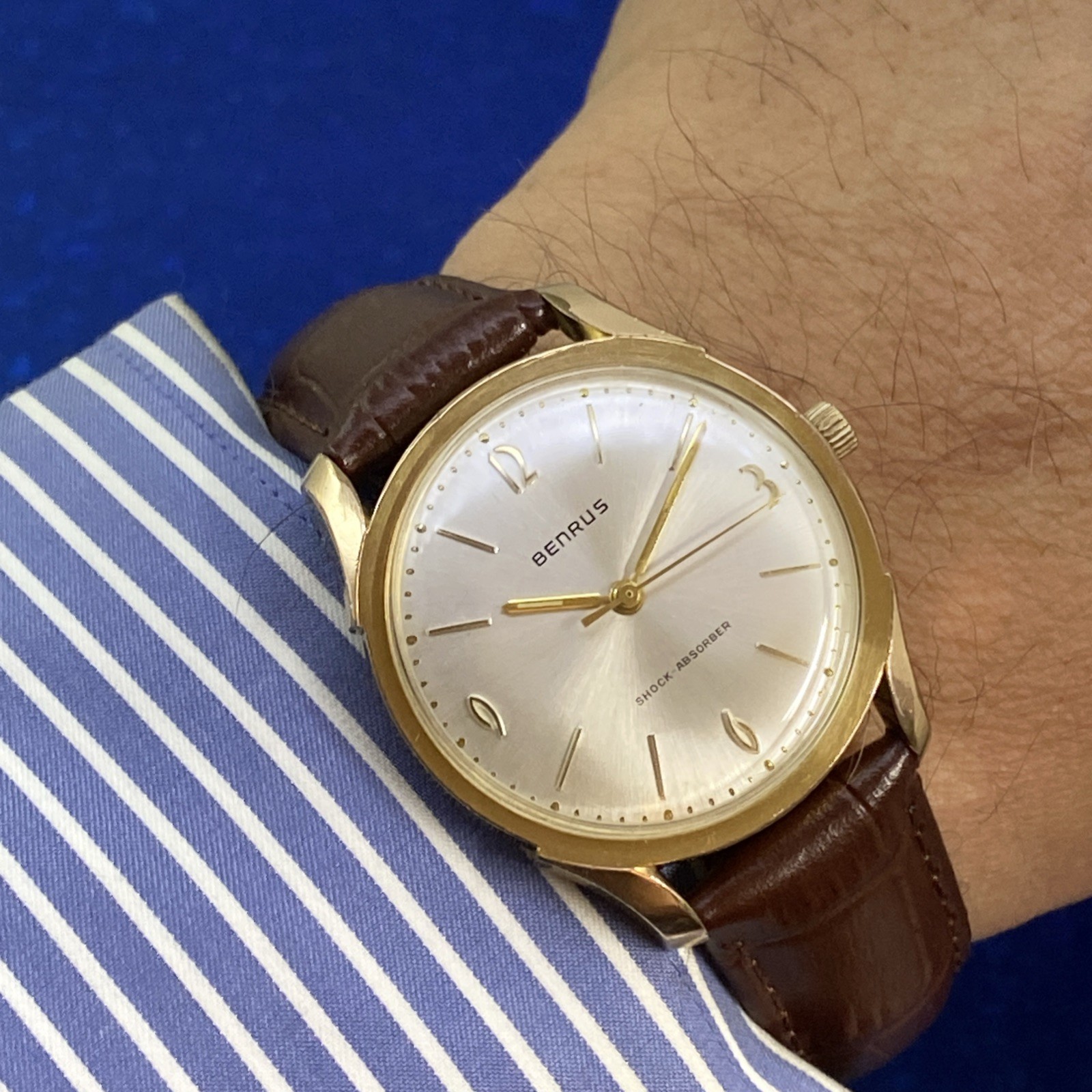 Vintage 1960s Man’s BENRUS Shock-Absorber Stunning Silver Dial Serviced WARRANTY