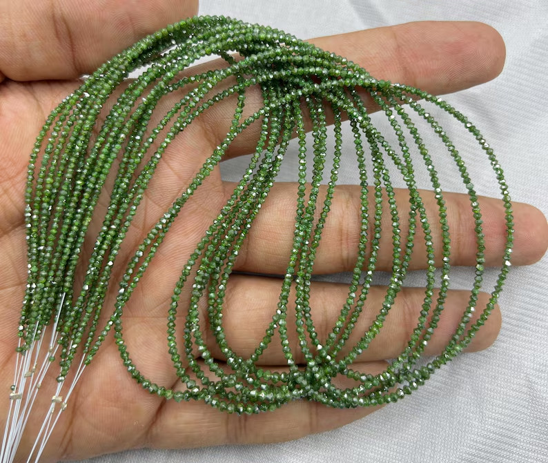 AAAA+ Green Diamond Beads 1.5-2mm Faceted Rondelle 16″ Strand Natural Rare Gift