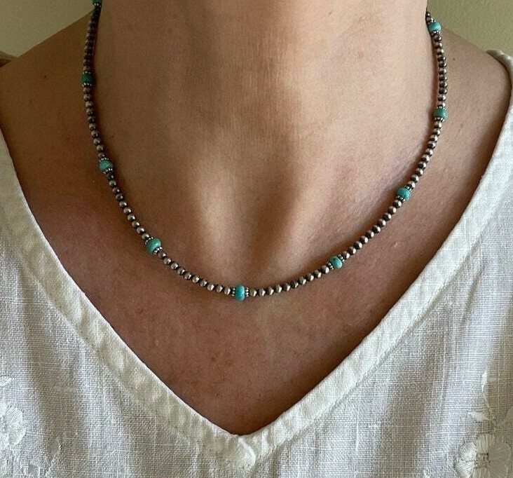 Blue Genuine Kingman 4mm Turquoise and Navajo Pearl Beaded Gemstone Necklace