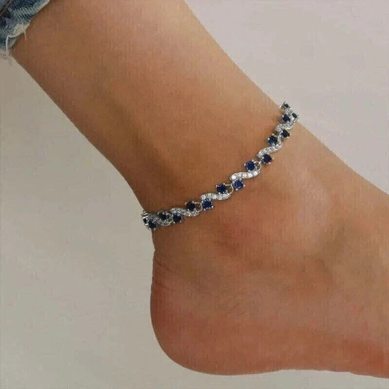 6CT Round Cut Lab Created Sapphire Women’s Tennis Anklet 14K White Gold Plated