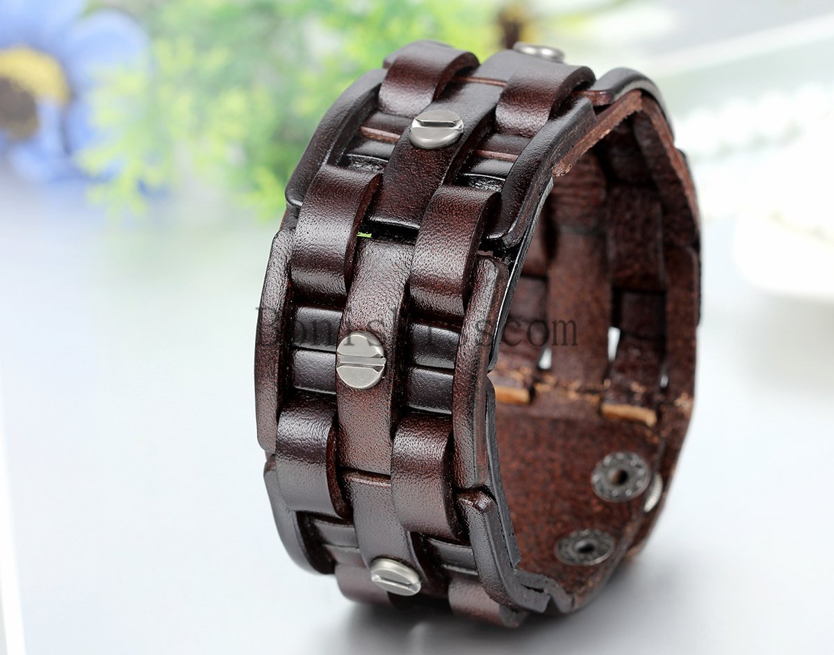 Retro Cross Woven Punk Rock Men’s Leather Strand Brown Cuff Bangle Bracelet 9.7″