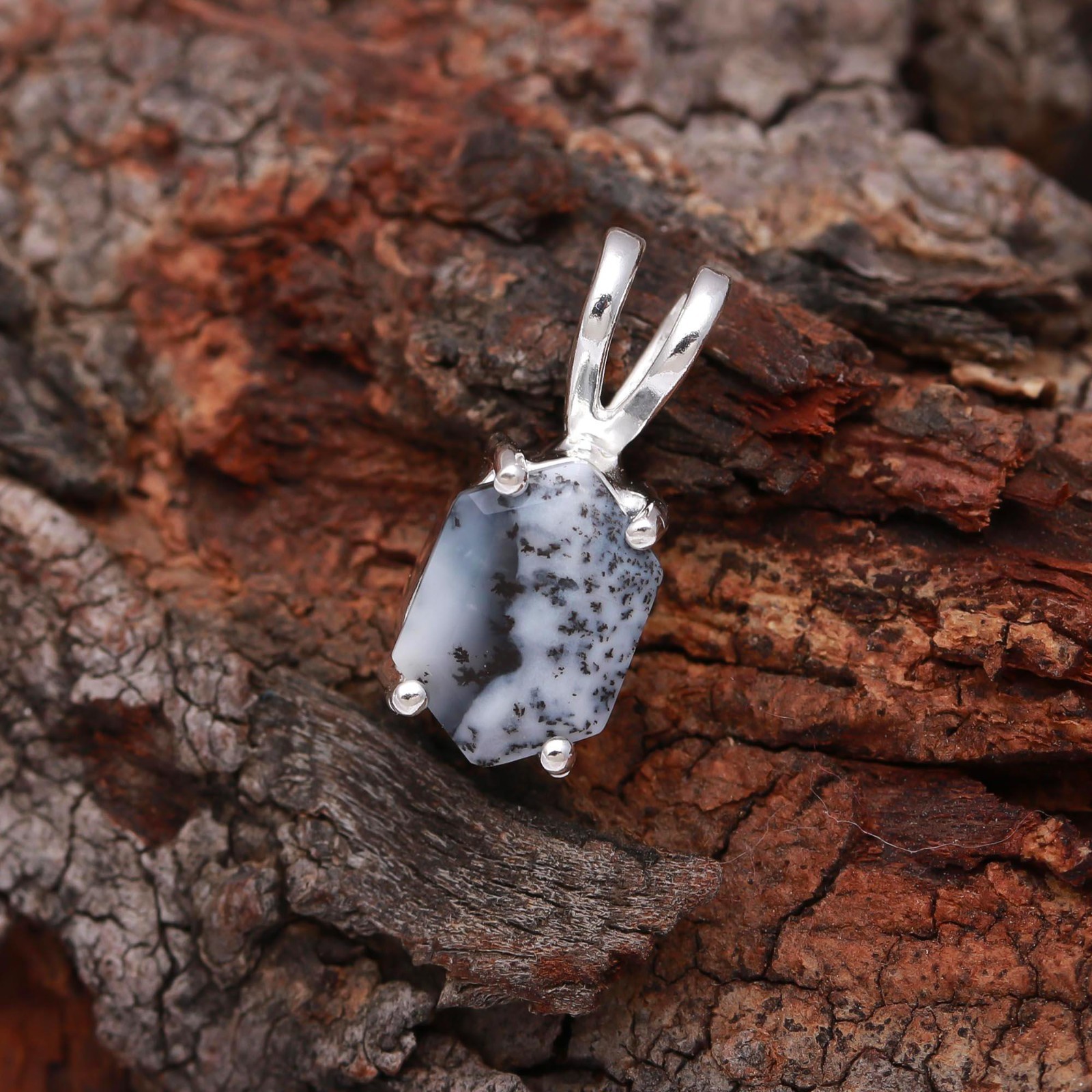 100%Natural dendrite Opal Octagon Pendant 925 Sterling Silver Minimalist Jewelry