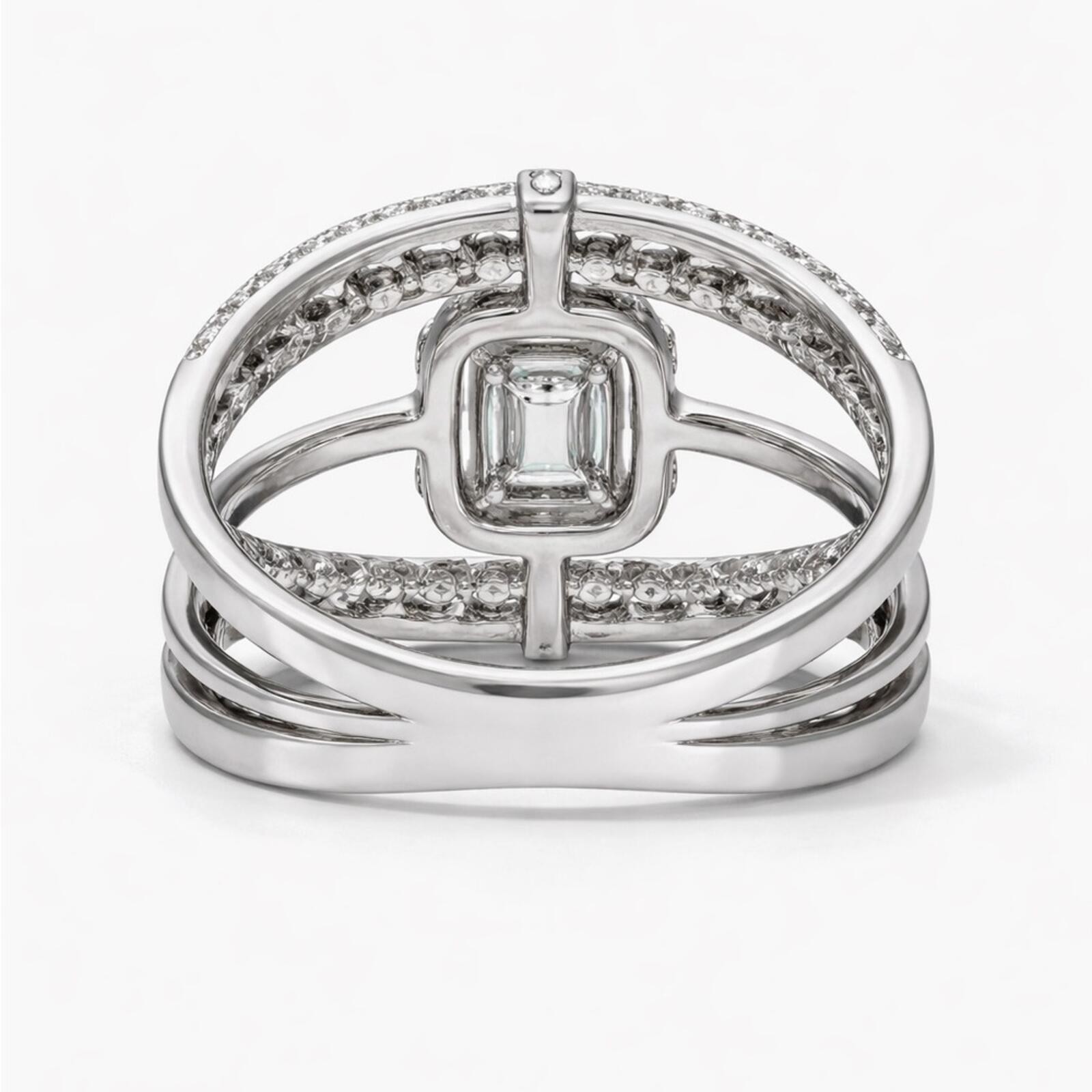 18K White Gold Baguette and Round Diamond Wide Three Row Ring Sz 6