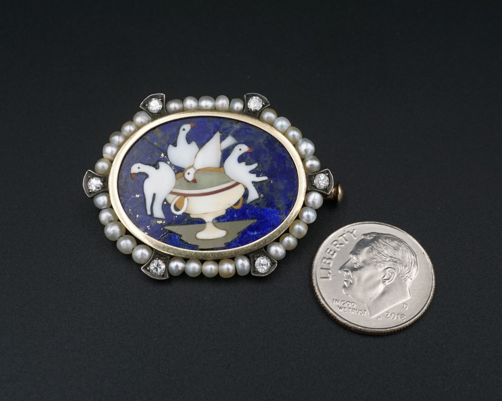 Antique 14k Pietra Dura Lapis Mosaic Pliny’s Doves Diamond Pearl Brooch OG393