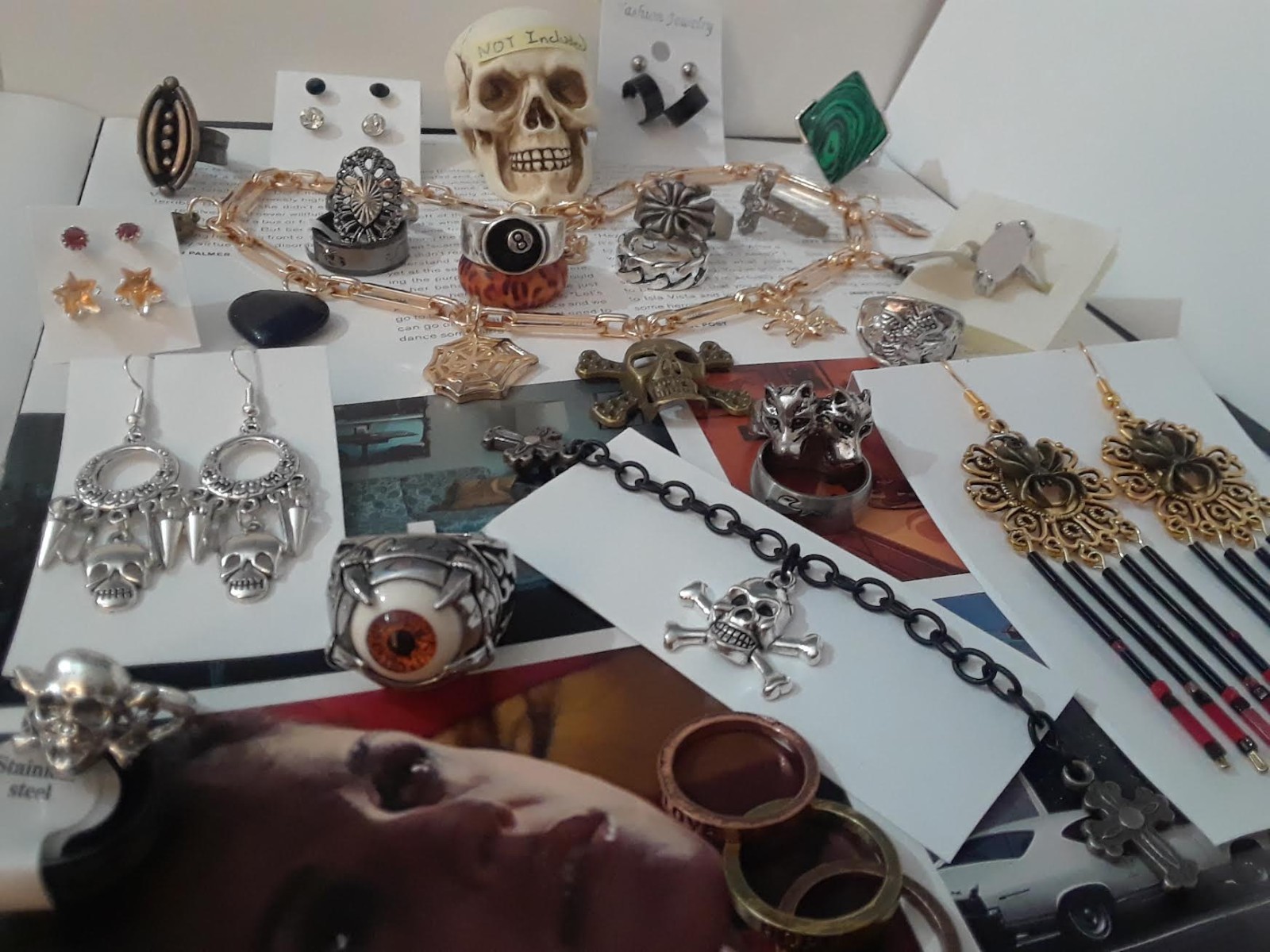 Rockabilly, Punk, Mixed Jewelry Lot – Skull, Spider web, Wolf, Spikes, Goth, Emo
