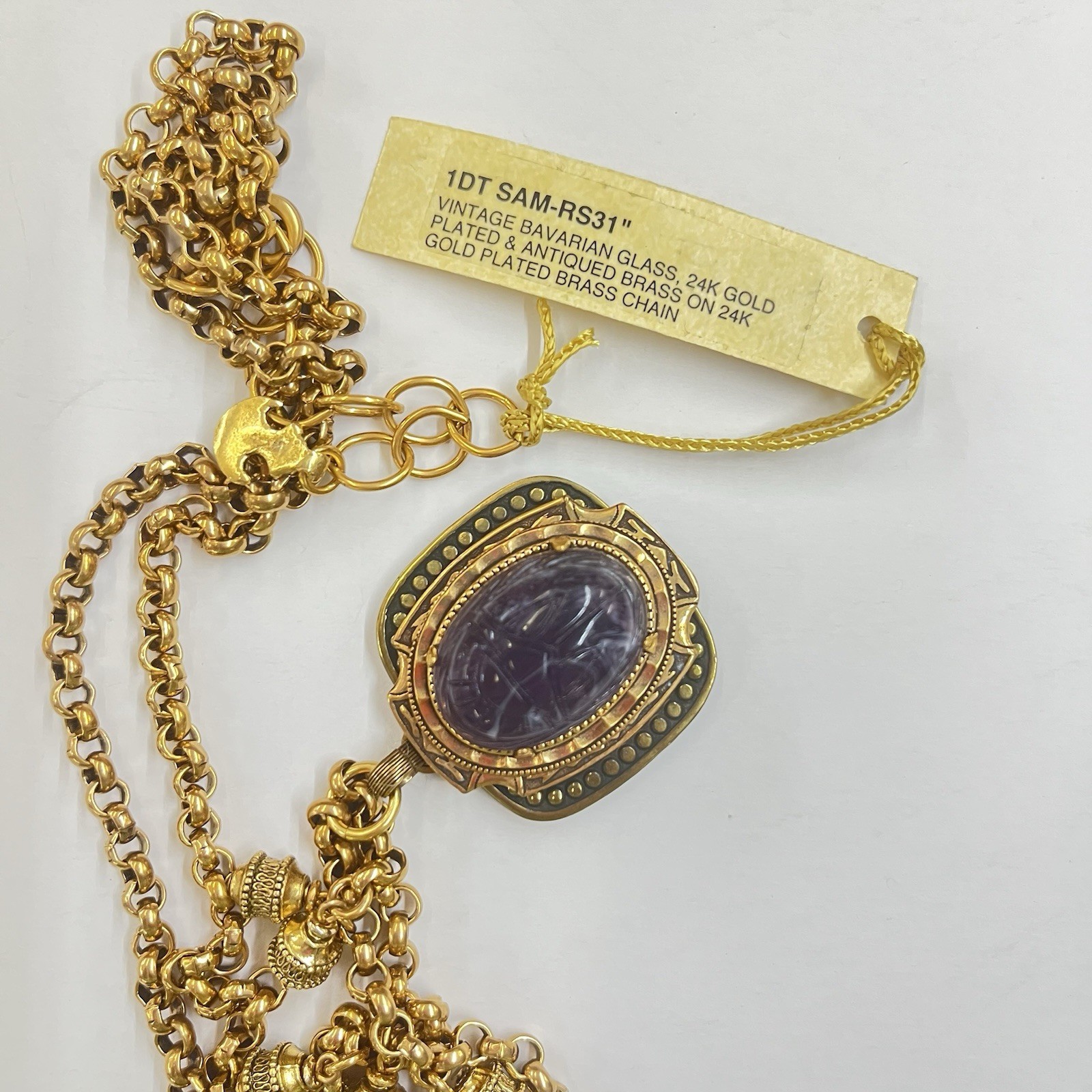 NOS! PATRICE Bavarian Amethyst Glass SCARAB Necklace 24KGP Antiqued Brass 28-31”