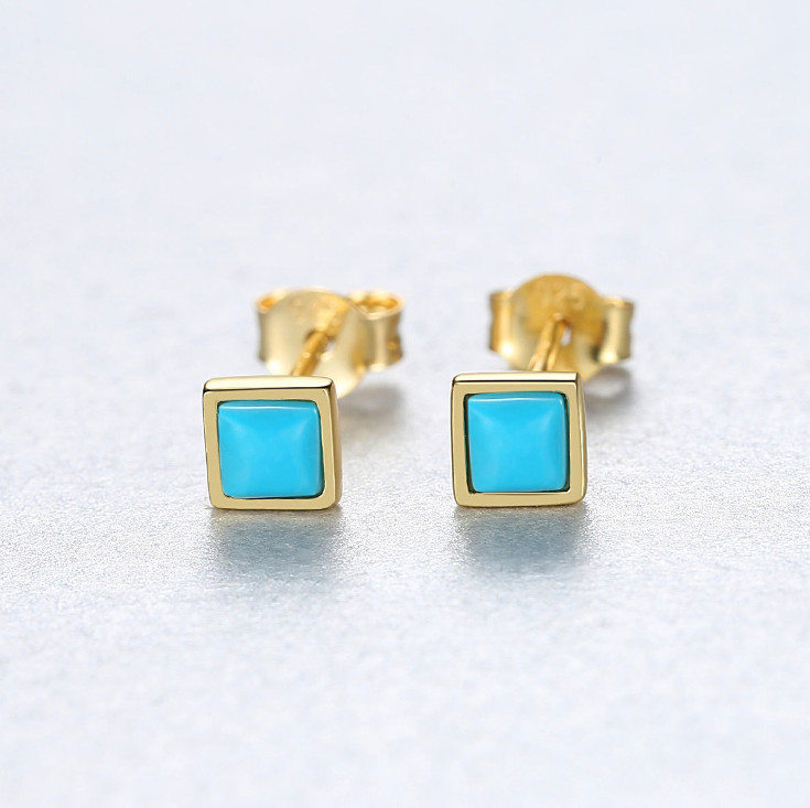 14K Gold Sterling Silver 4mm square beaded Turquoise post stud earrings Box PE44