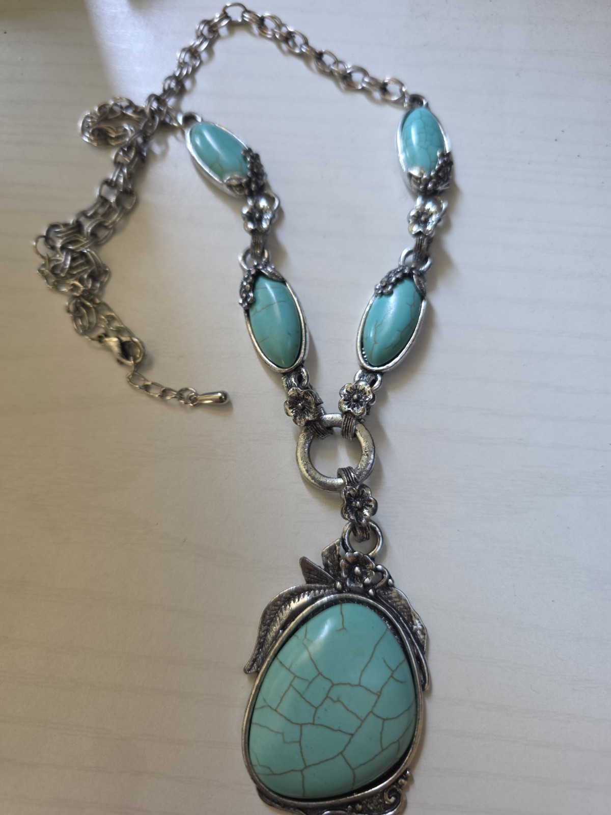 Silver Tone Turquoise Teardrop Pendant Necklace, Cable Chain Bezel Cabochon