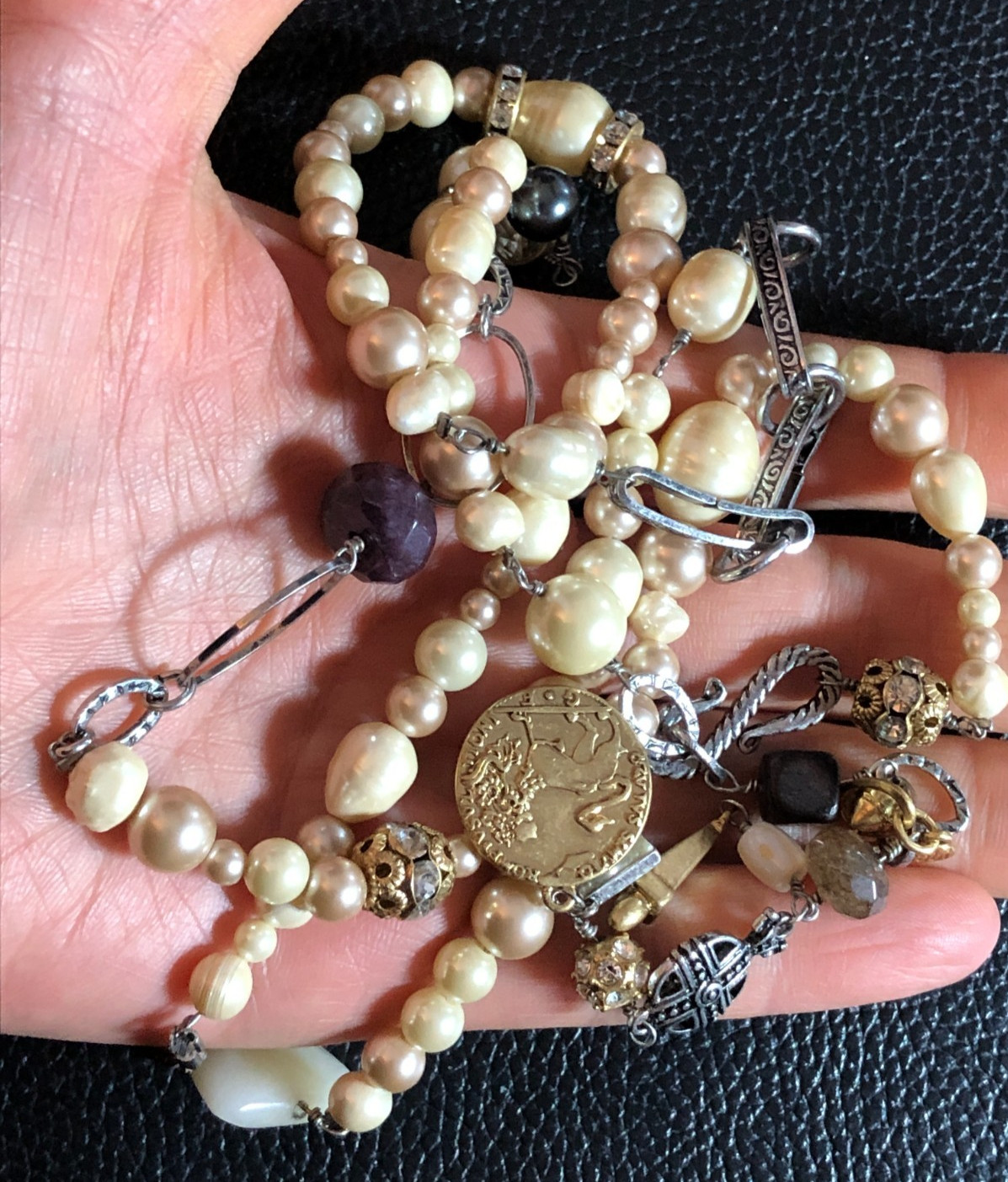 CABI Faux Pearl Natural Gemstone Lariat Y Drop Necklace +Tassel Earrings 8455