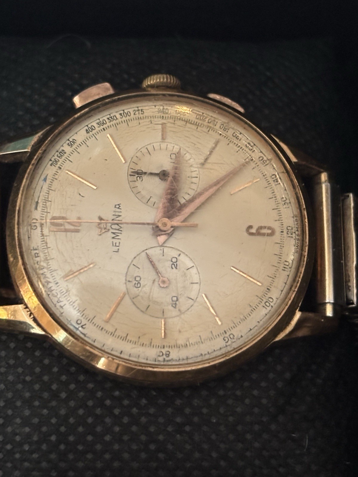 Lemania Vintage Men’s Manual Chronograph Tachymeter gold Dial Bracelet