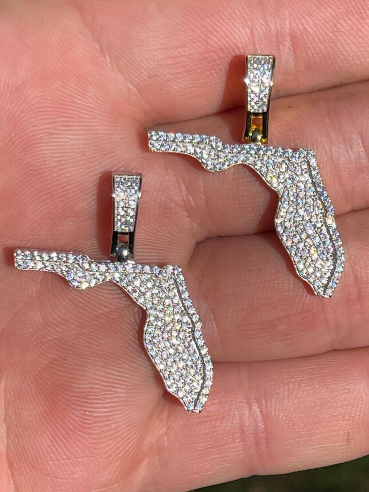 925 Silver 14k Gold Plating Hip Hop Florida State Shape Pendant Iced CZ Necklace