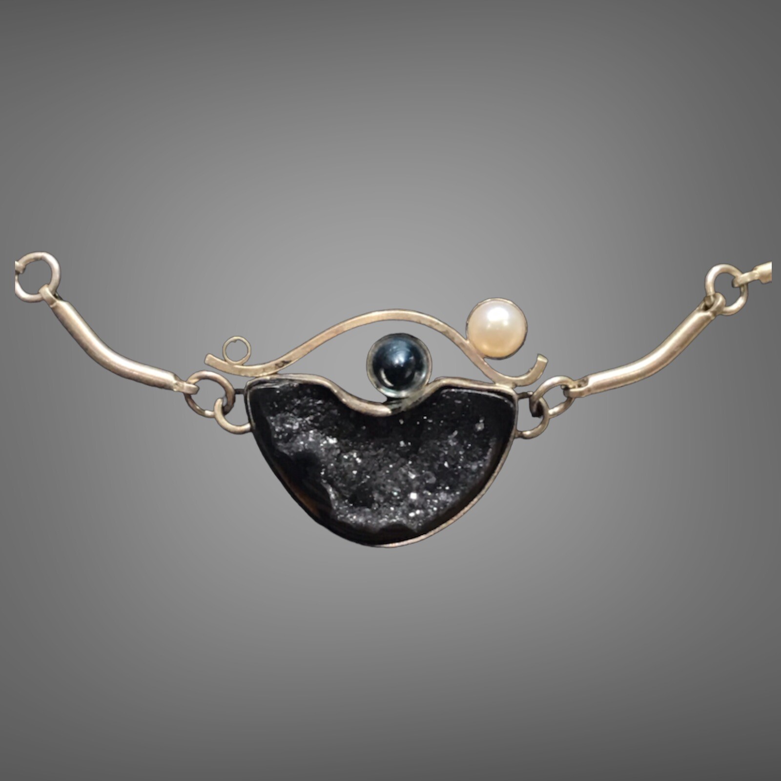 sterling silver brutalist modernist druzy blue eye necklace 17” Not Stamped