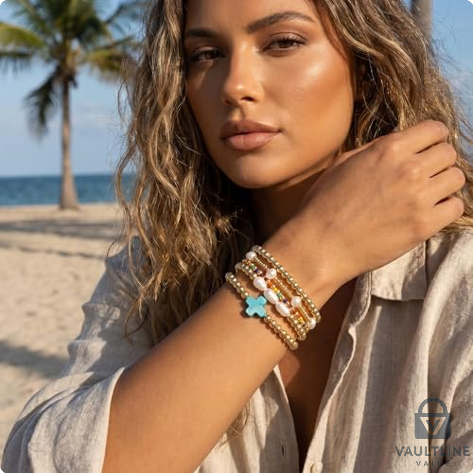 Shinus Boho Blue Beaded Stretch Bracelet 7 Inch Alloy Steel Strand Jewelry