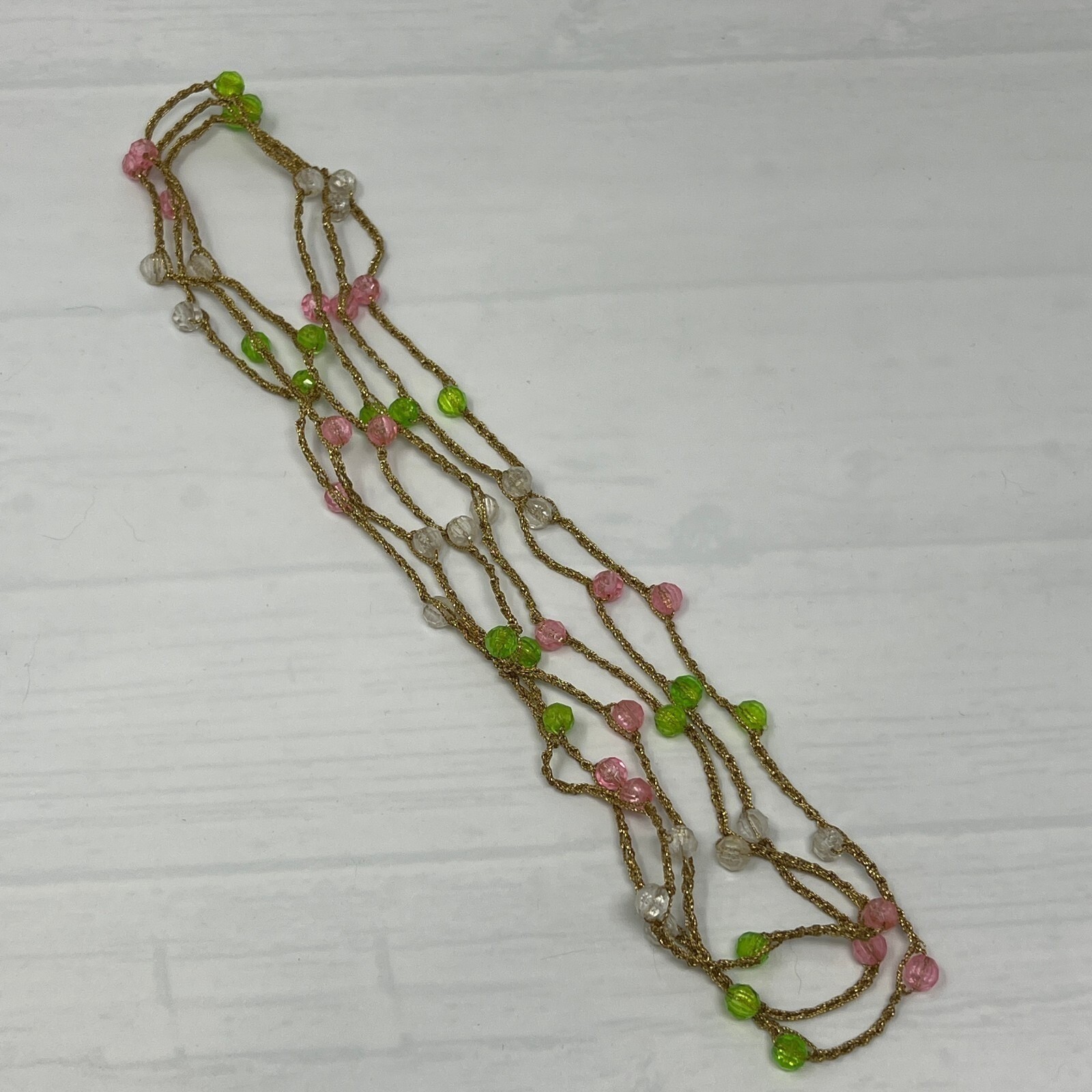 Vintage Long Necklace Braided Gold Tone Chain Green Pink and White Beads 72 inch