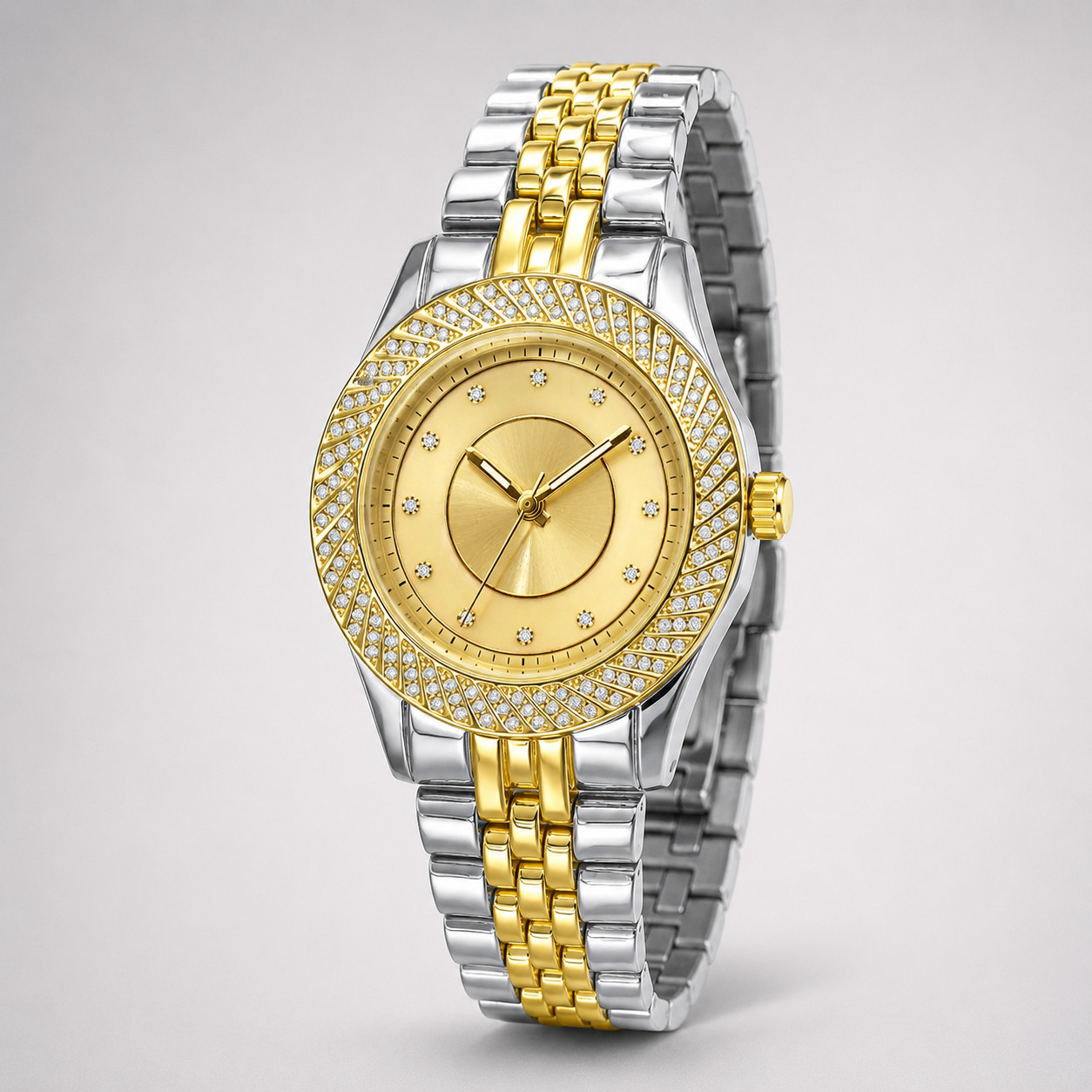 Mens Iced Out Watch Gold Silver Tone Crystal Bezel Quartz 43mm Steel