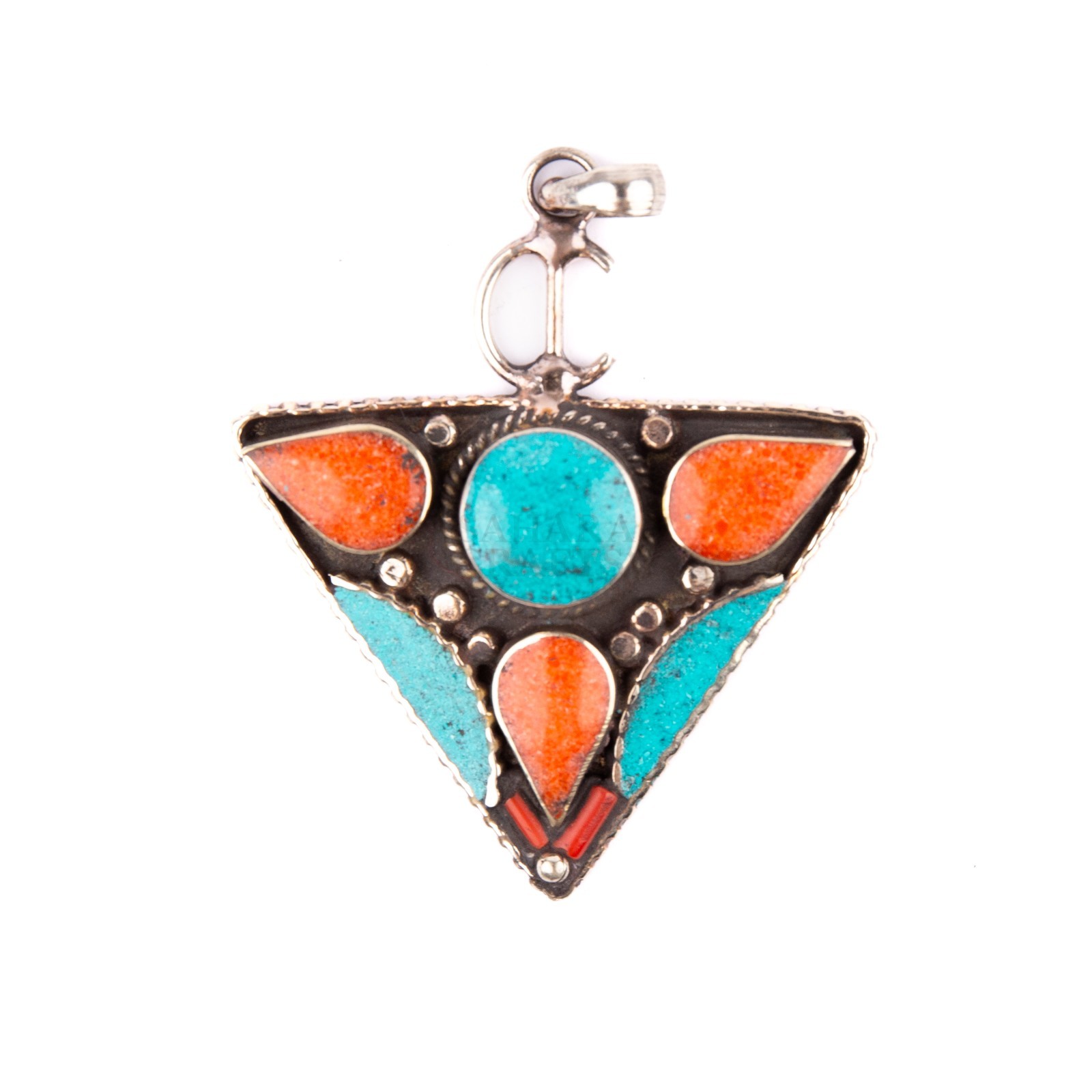 Tibetan Pendant, Tazerzit Pendant, Turquoise Stone Amulet Coral, Handmade