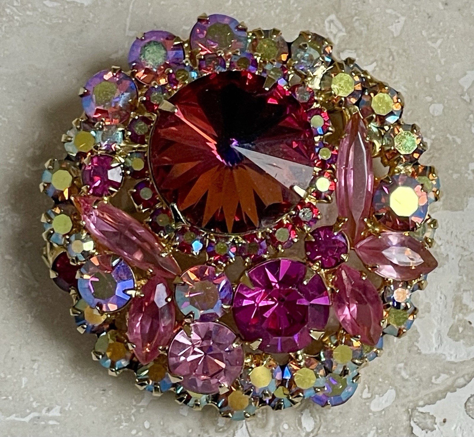 Gorgeous Vintage Juliana D&E Pink Rivoli Dome & Fuchsia AB Rhinestone Pin