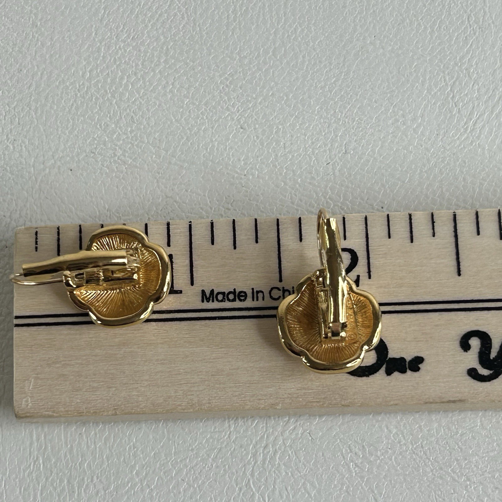 Vintage Monet Lever Back Earrings Gold Tone Button Dome Quatrefoil Motif