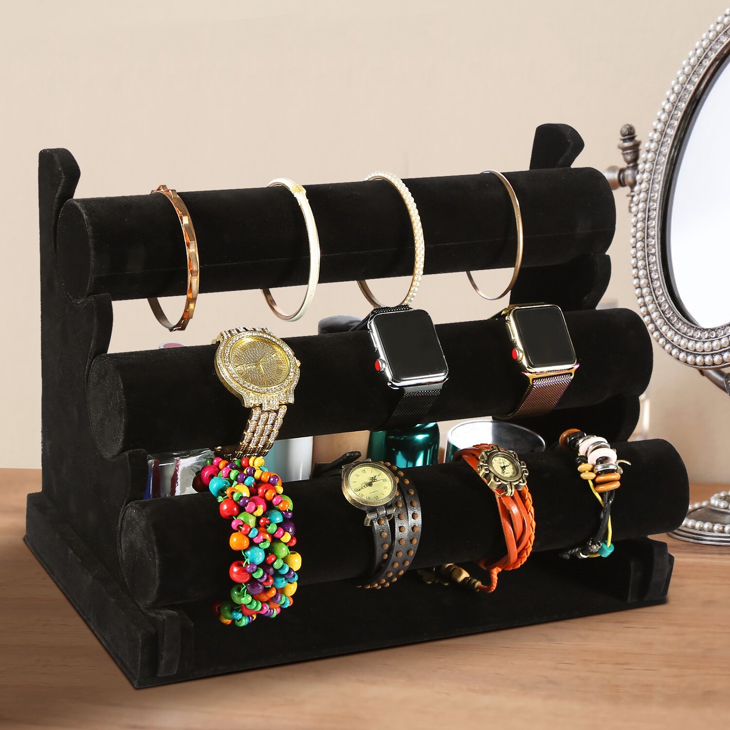 3-Bar Jewelry Watch Bracelet Chain Holder Display Stand Organizer Black Velvet