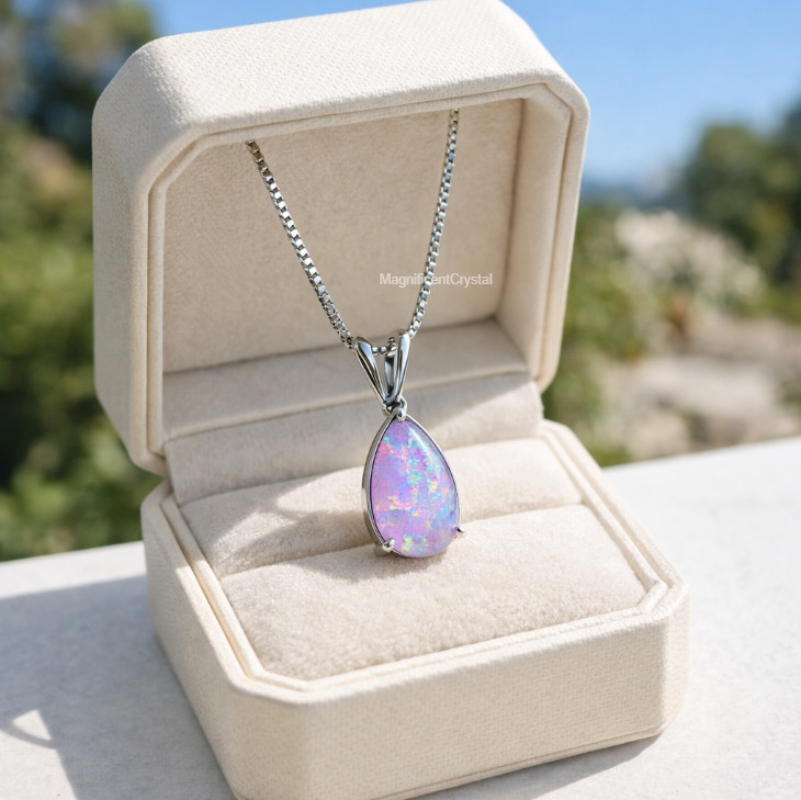 Minimalist Purple Droplet Fire Opal Pendant Teardrop Necklace Healing Crystal
