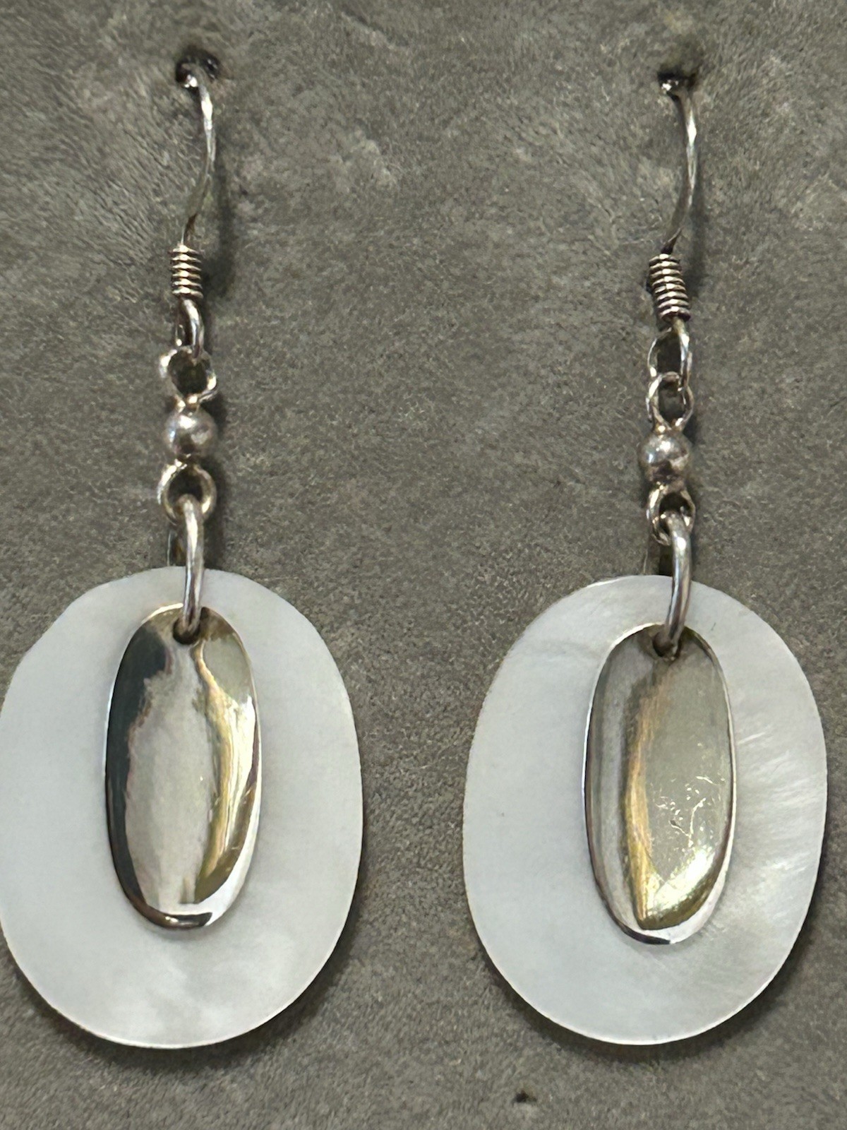 Vtg Sterling Silver & Mother Of Pearl Disc 5cm Drop Earrings (4.77g)