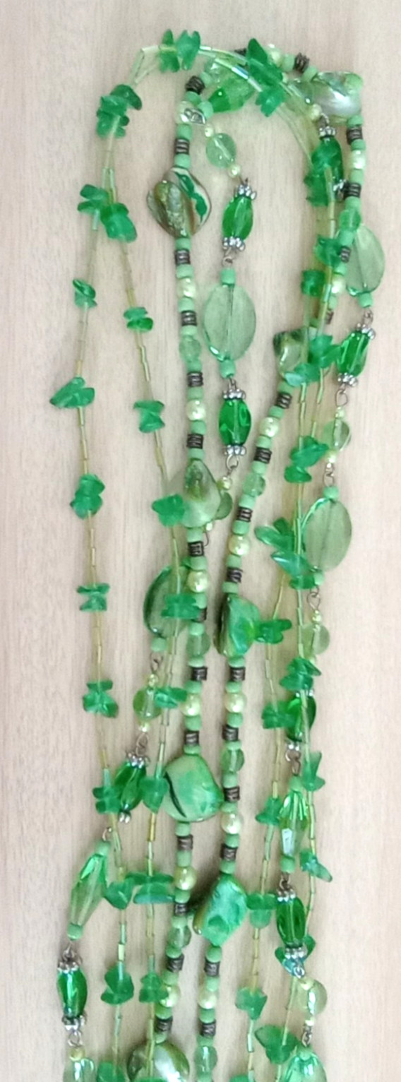 Green beaded multi strand necklace silver tone 30″