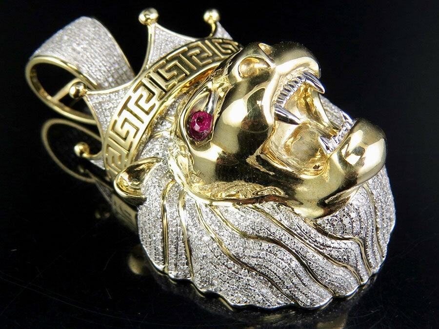 Mens Hip Hop Jewelry 14K Gold Plated 1.20Ct Lab Created Diamond Lion Head Pendat