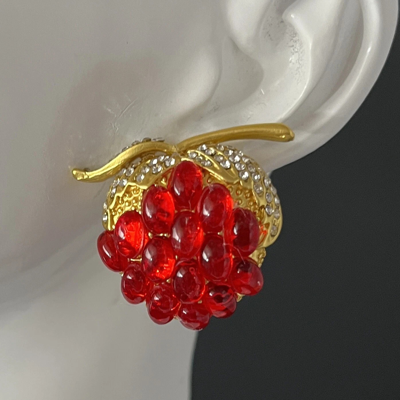 Red Raspberry Cabochon Earrings Gold Tone Fruit Crystal Pierced Statement NEW