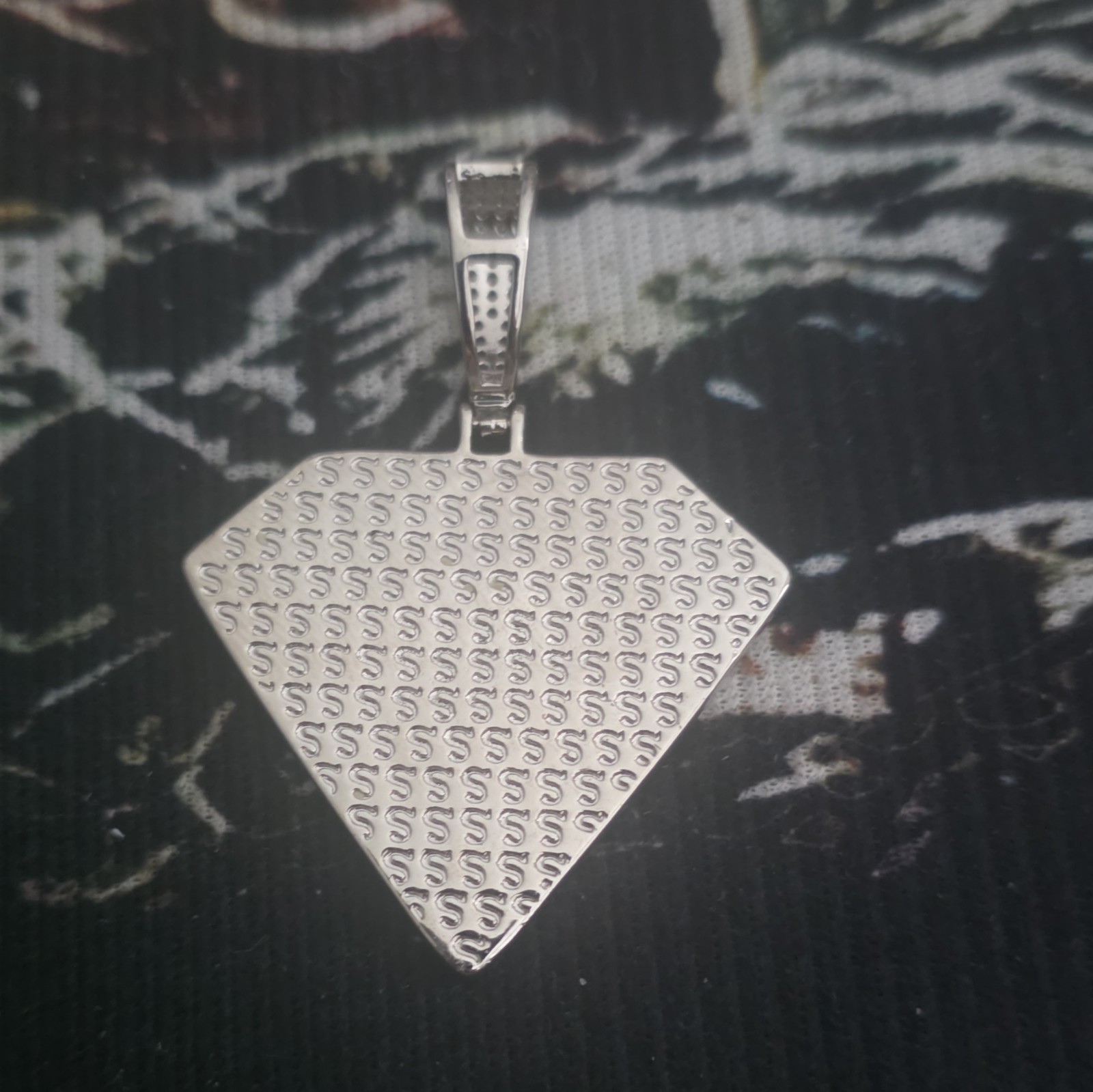 Silver Tone Pavé Superman S Shield Charm Pendant w/ Bail, White Round Stones
