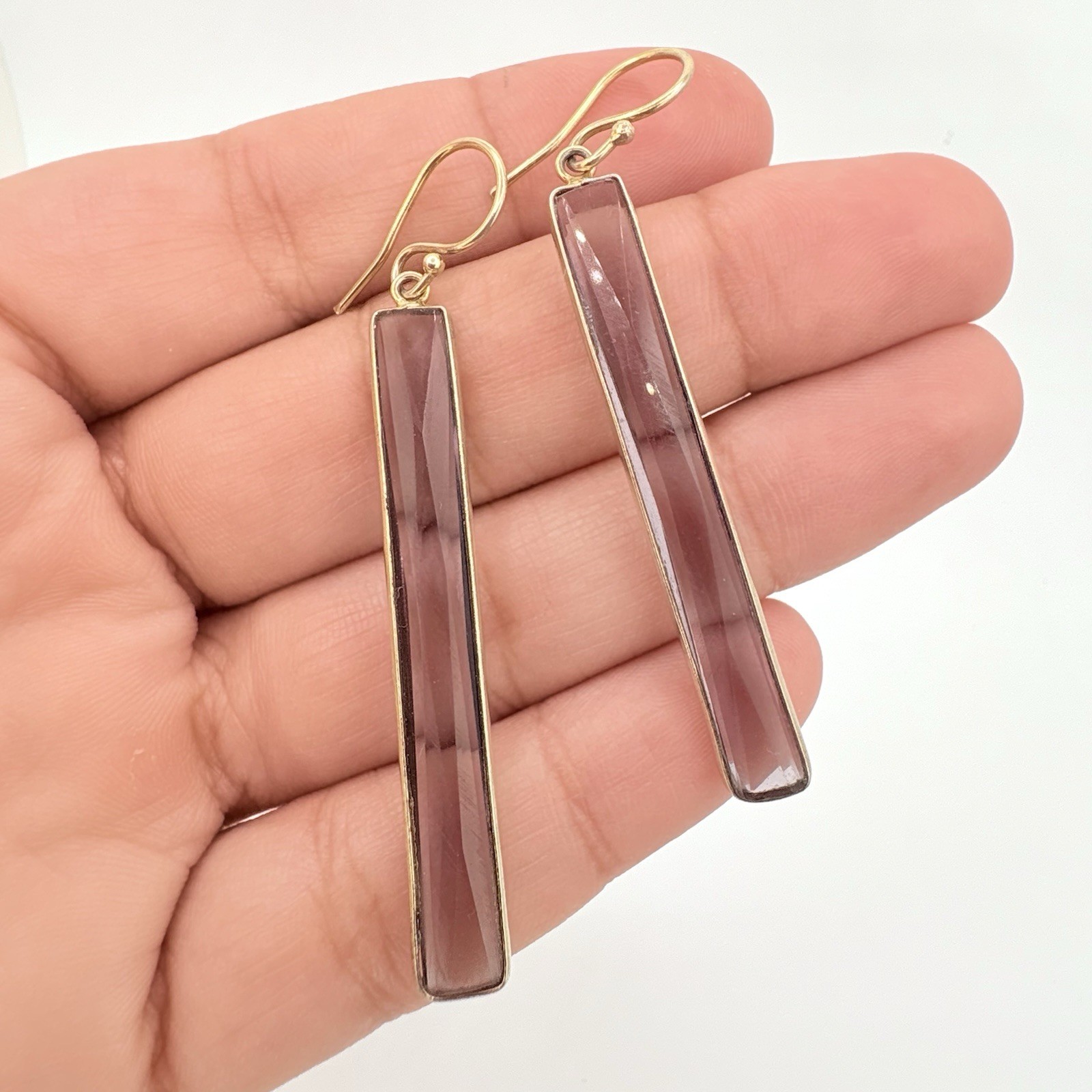 Gold Over Sterling Silver Lavender Crystal Glass Bar Dangle Earrings 2.5”