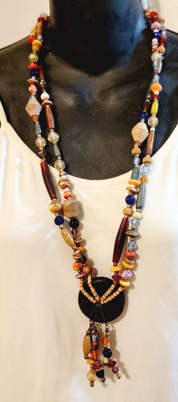 Tribal Beaded Necklace Pendant Colorful Mixed Materials Glass, Wood br01-02