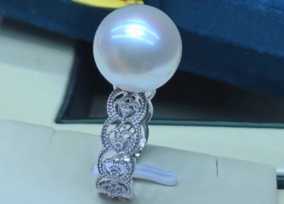 12.3mm Big South Sea White Pearl Ring High Cool Luster 18k White Gold Diamonds