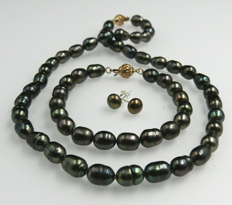 8×10 mm baroque tahitian black green pearl necklace Bracelet Earring 18″8″ 14K g