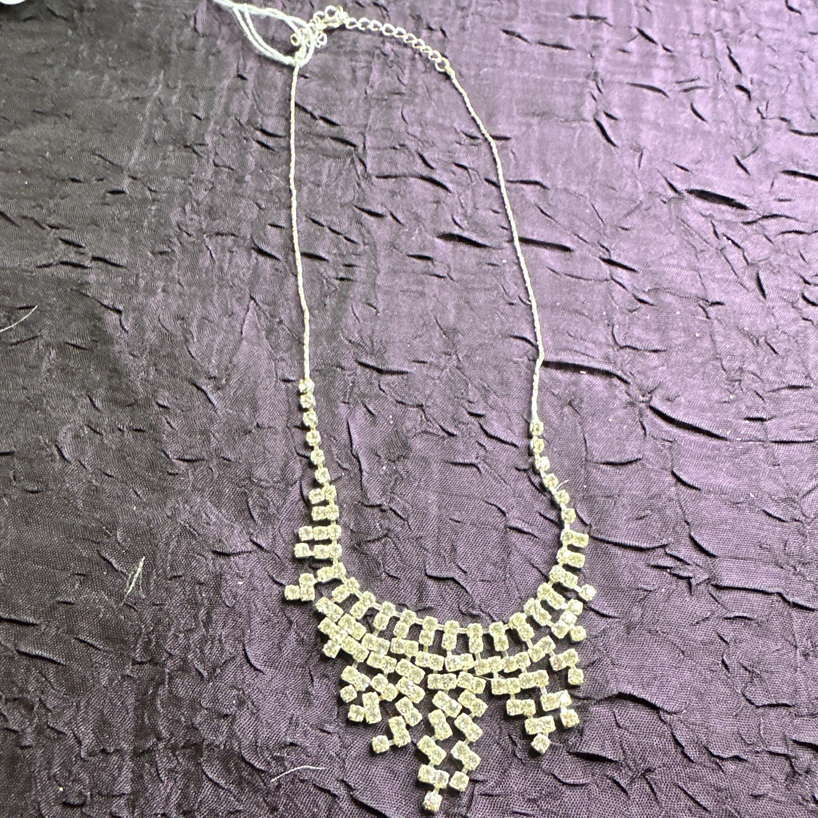 Silver Tone Clear Crystal Rhinestone Bib Statement Necklace Adjustable Lobster