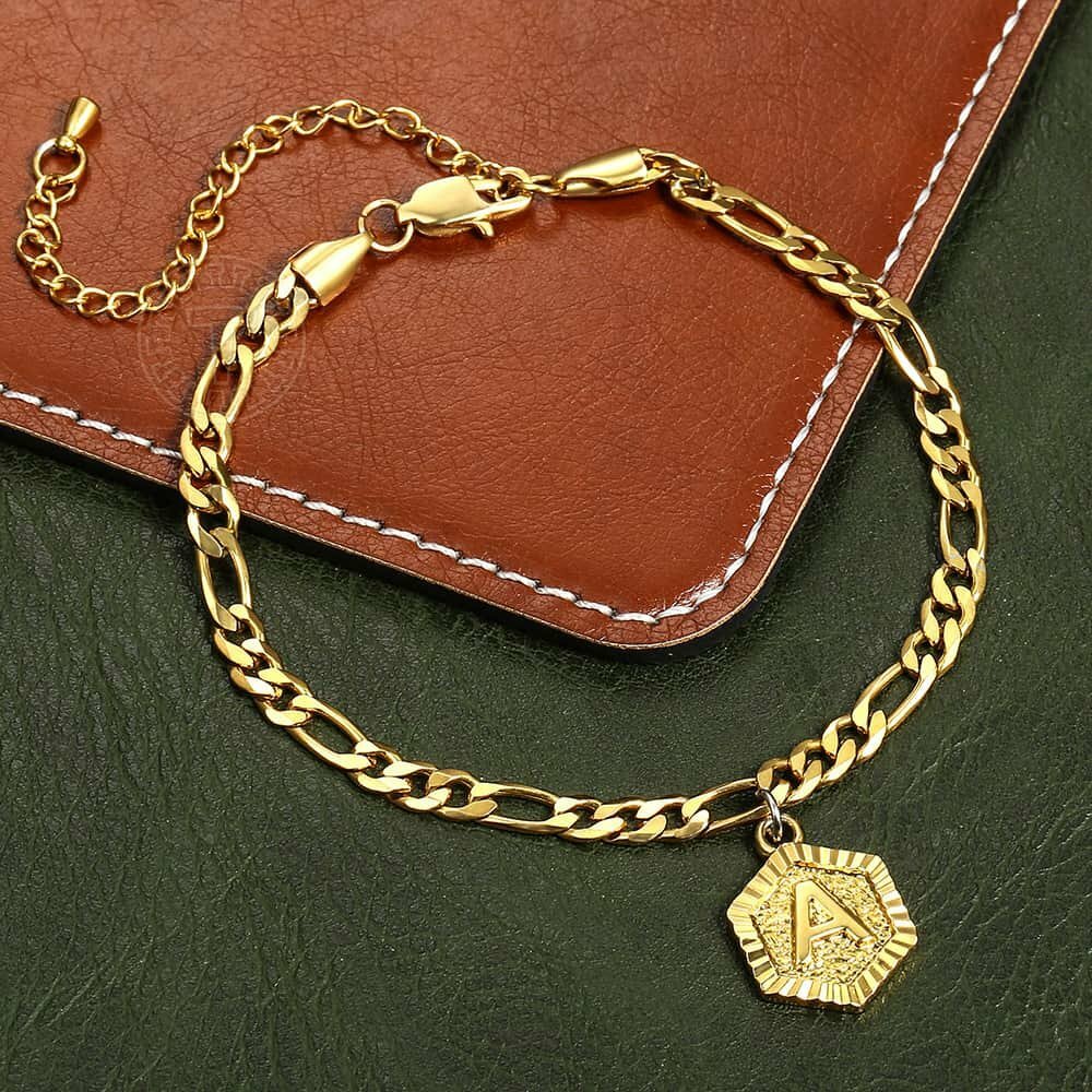5mm Figaro Hexagon Initial Letter Charm Anklet Bracelet Gold Plated Foot chain