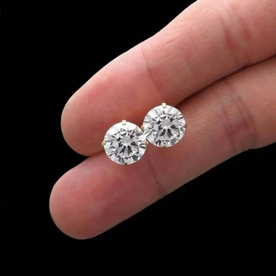 10mm Round Real Moissanite 8 CT Solitaire Stud Earrings 14K Yellow Gold Plated