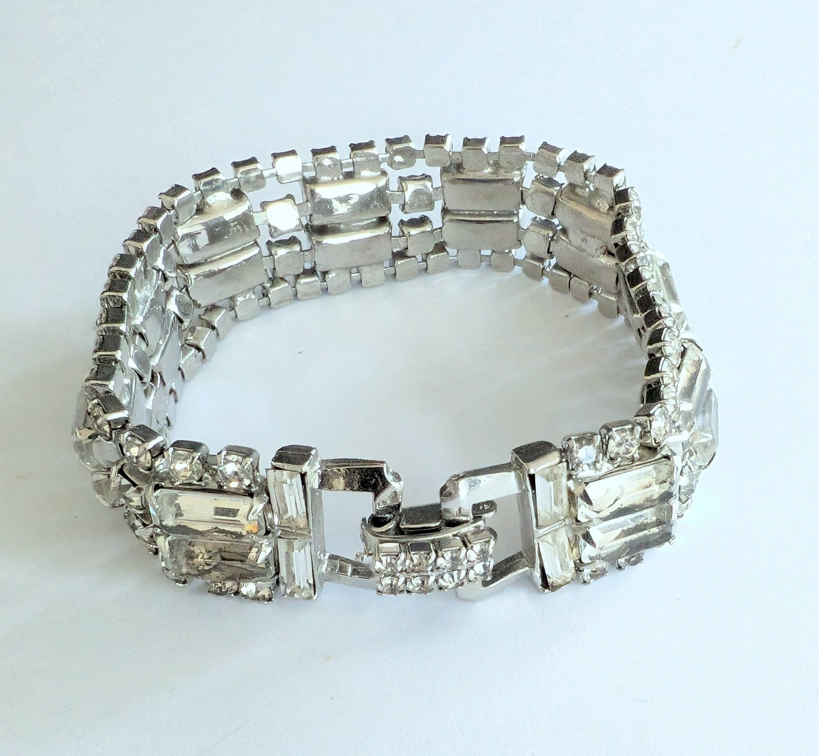 Fabulous Vintage Sparkling Clear Rhinestone Wide Bracelet Fold Over Clasp