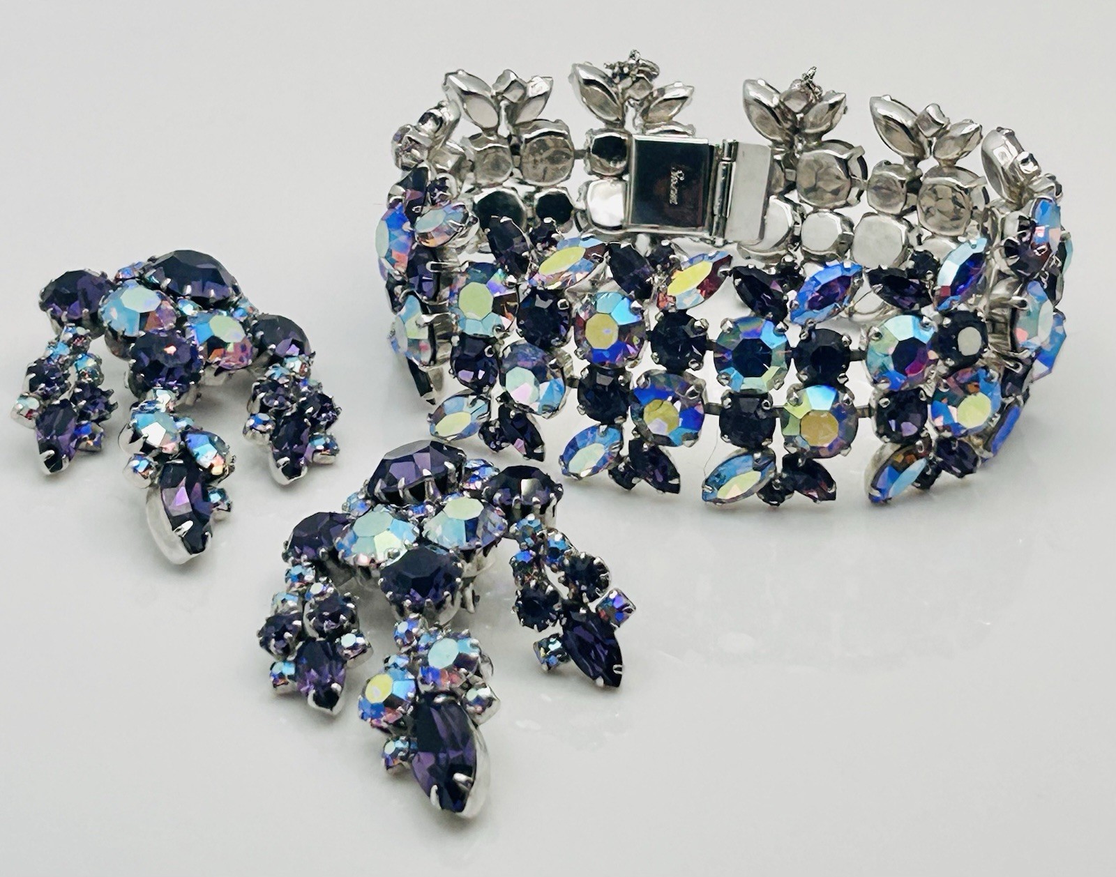 Signed Sherman Rhinestone Bracelet & Earrings Purple & AB Rhinestones