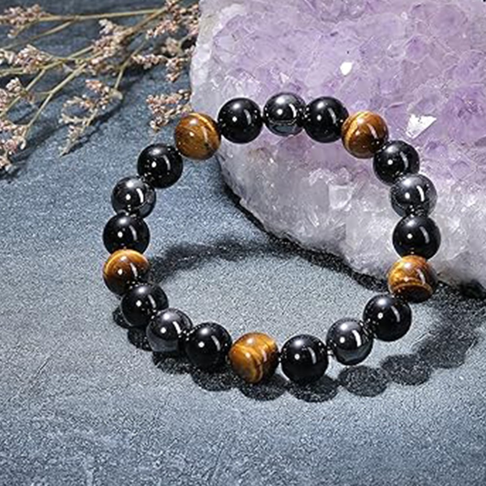 Natural Stone Hematite Tiger Eye Energy Healing Stretch Bracelet for Men Women