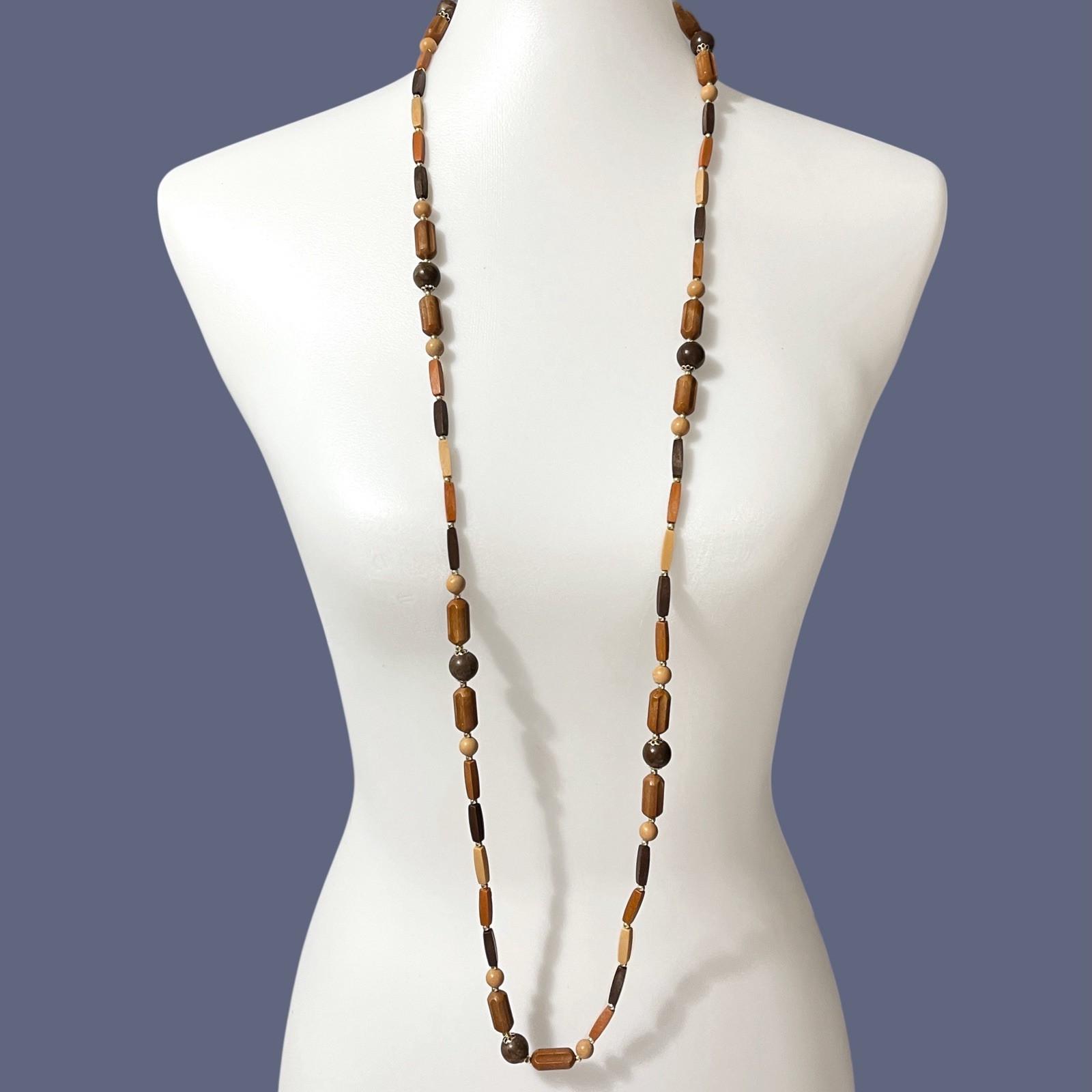 VTG Necklace Wood Grain Plastic Beads Brown Earth Tone Boho Layering Strand 46”