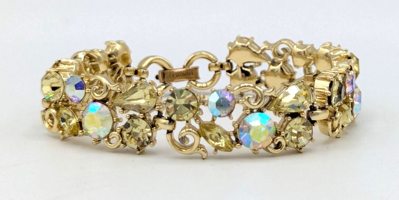 Vintage Lisner Jonquil Yellow Rhinestone Bracelet AB Crystal Gold Tone MCM
