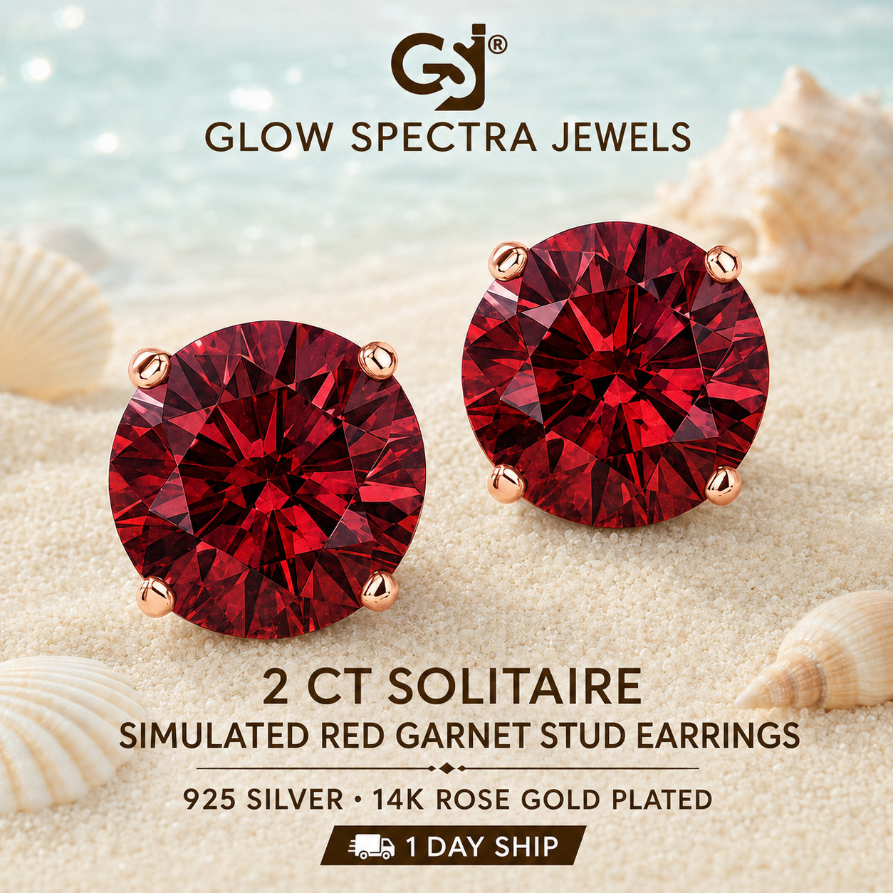 2.00CT Solitaire Red Garnet Stud Erring 925 Silver 14k Rose Gold Plated