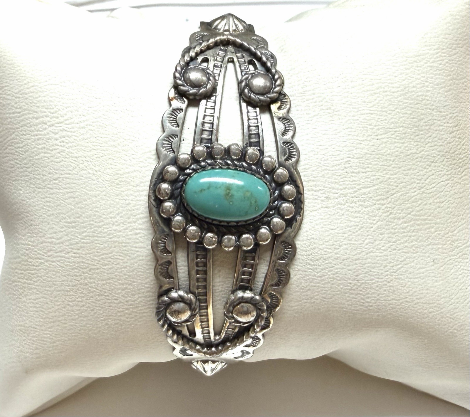 Vintage Navajo Bell Trading Post Turquoise Sterling Silver Cuff Bracelet